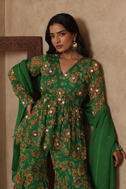 PAARVI GREEN FLORAL EMBROIDERED KURTI SHARARA SET