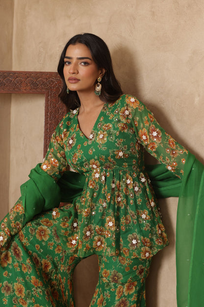 PAARVI GREEN FLORAL EMBROIDERED KURTI SHARARA SET