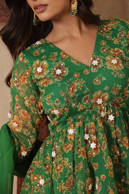 PAARVI GREEN FLORAL EMBROIDERED KURTI SHARARA SET
