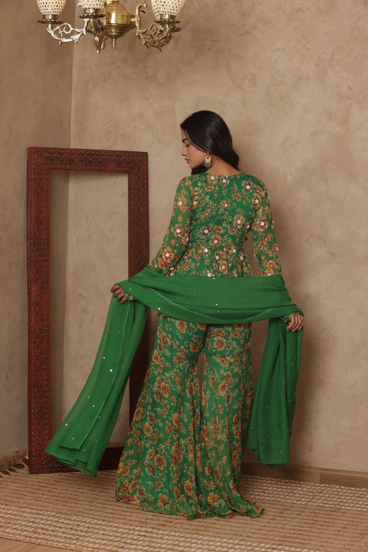 PAARVI GREEN FLORAL EMBROIDERED KURTI SHARARA SET