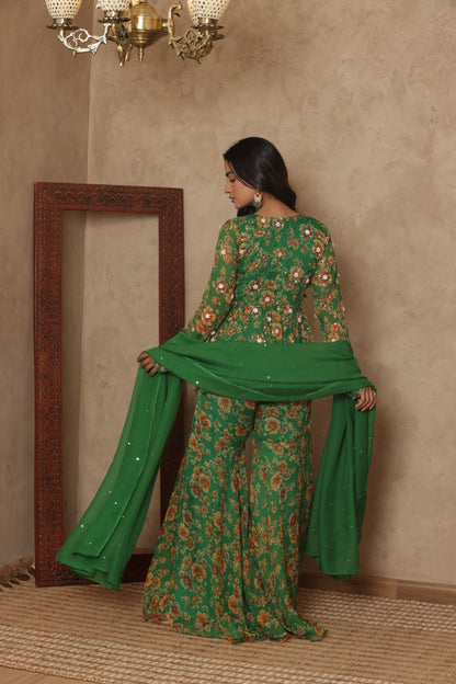 PAARVI GREEN FLORAL EMBROIDERED KURTI SHARARA SET