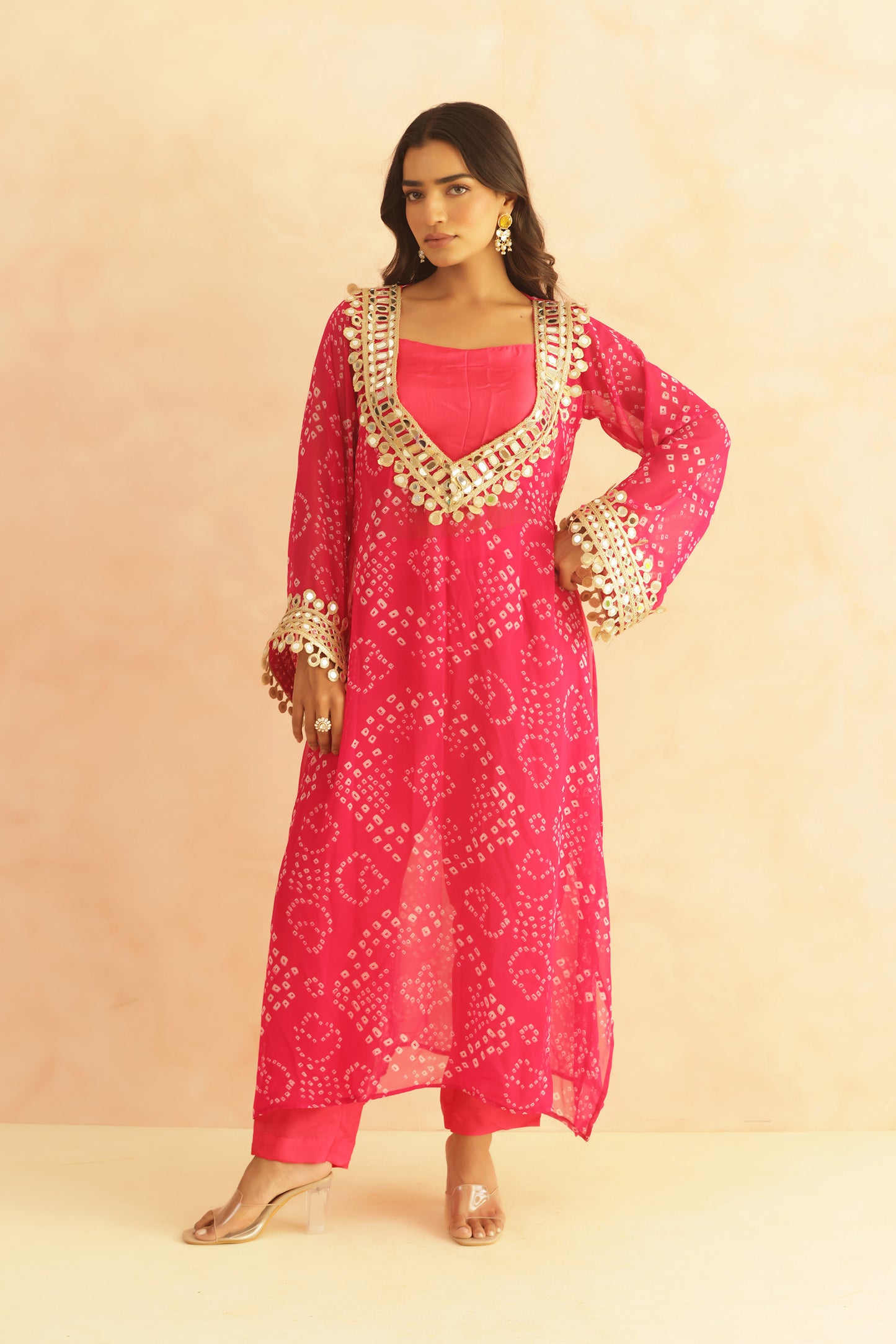 QIRAT PURPLE BANDHEJ MIRROR WORK FUSION SET