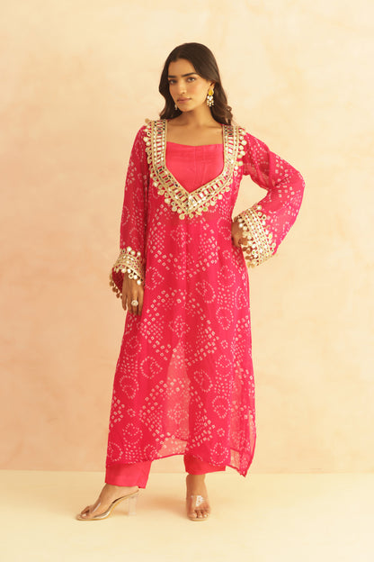 QIRAT PURPLE BANDHEJ MIRROR WORK FUSION SET