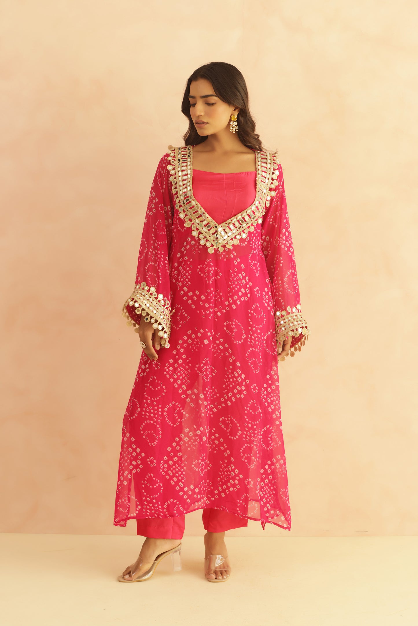 QIRAT PURPLE BANDHEJ MIRROR WORK FUSION SET