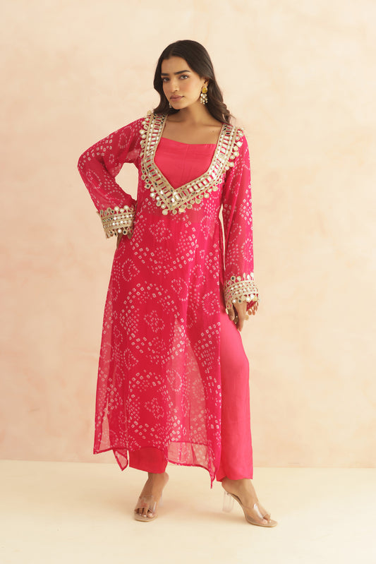 NITYA MAGENTA PINK BANDHEJ MIRROR WORK FUSION SET