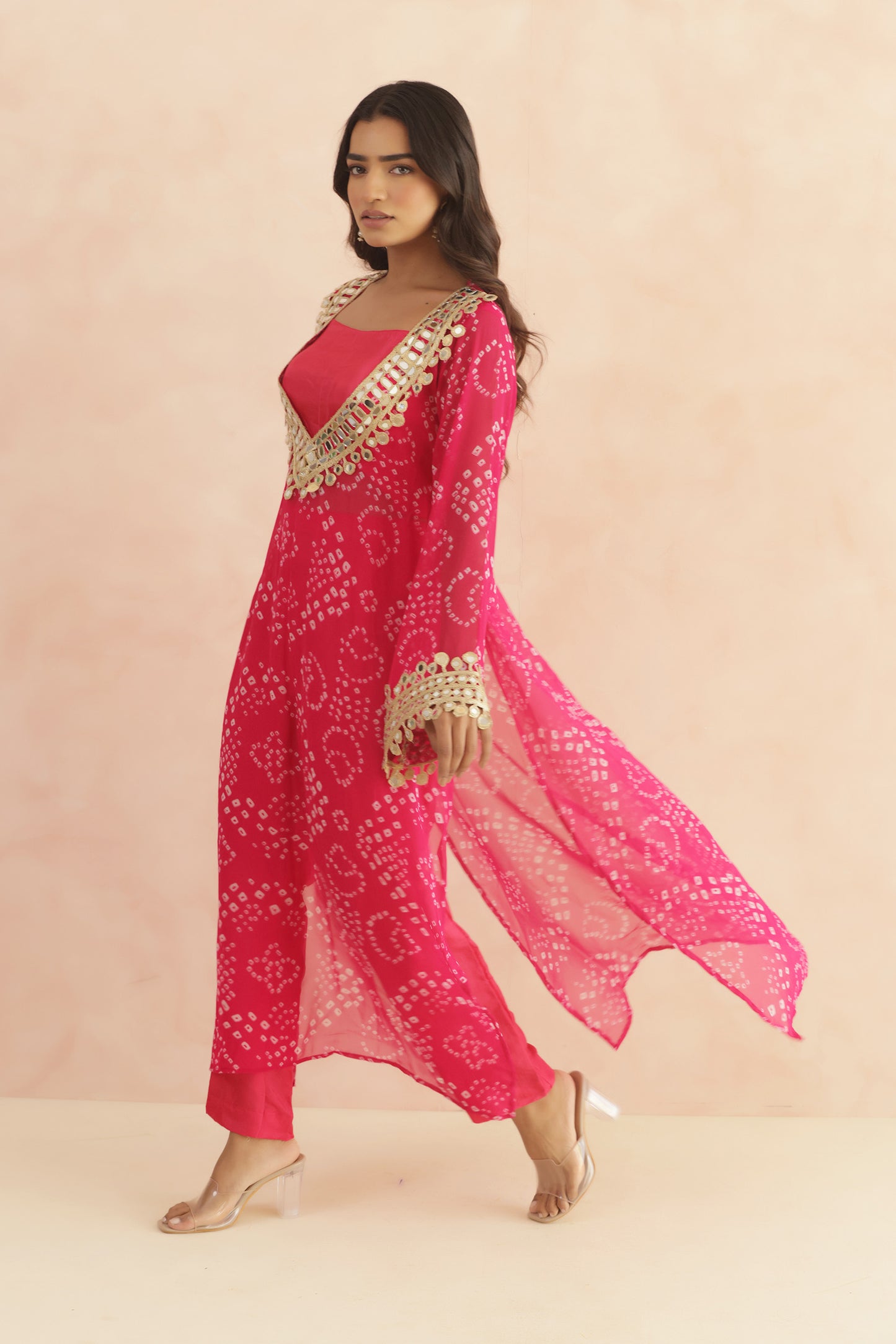 QIRAT PURPLE BANDHEJ MIRROR WORK FUSION SET