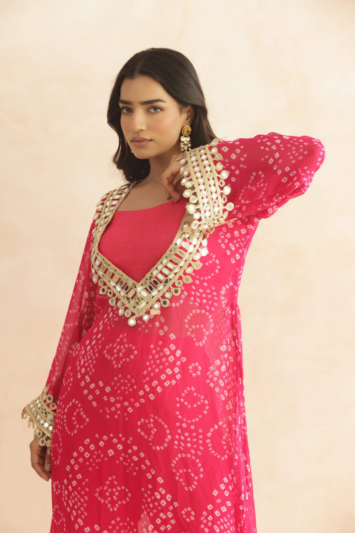 QIRAT PURPLE BANDHEJ MIRROR WORK FUSION SET