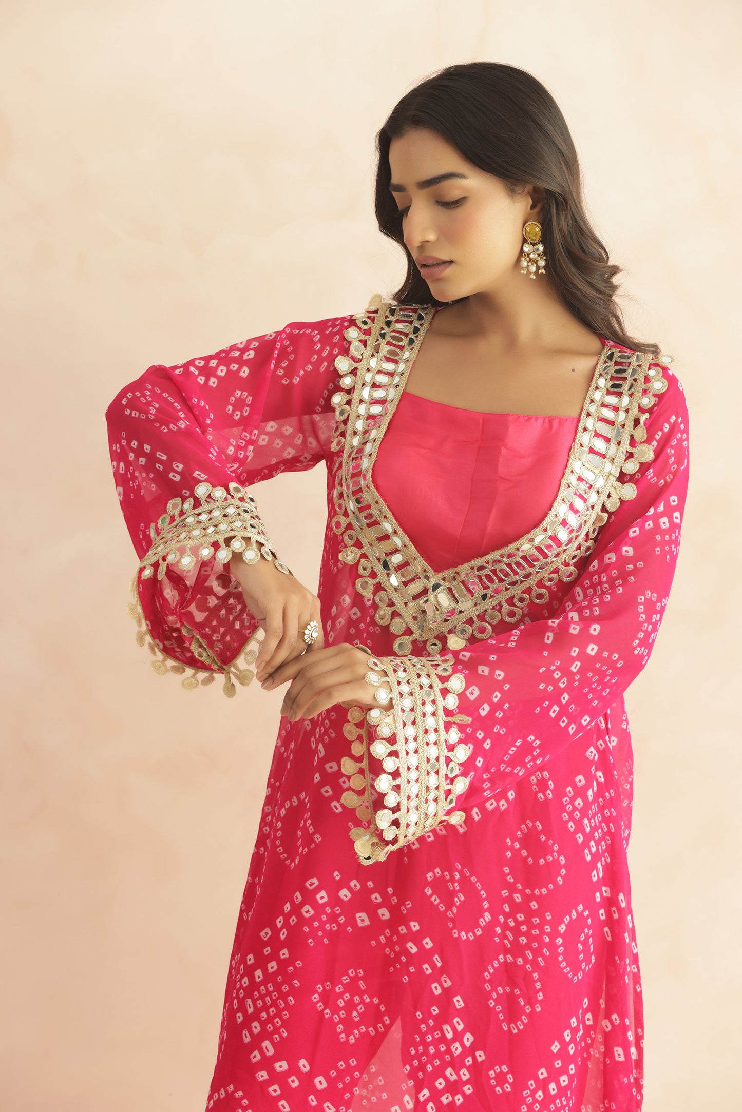 QIRAT PURPLE BANDHEJ MIRROR WORK FUSION SET