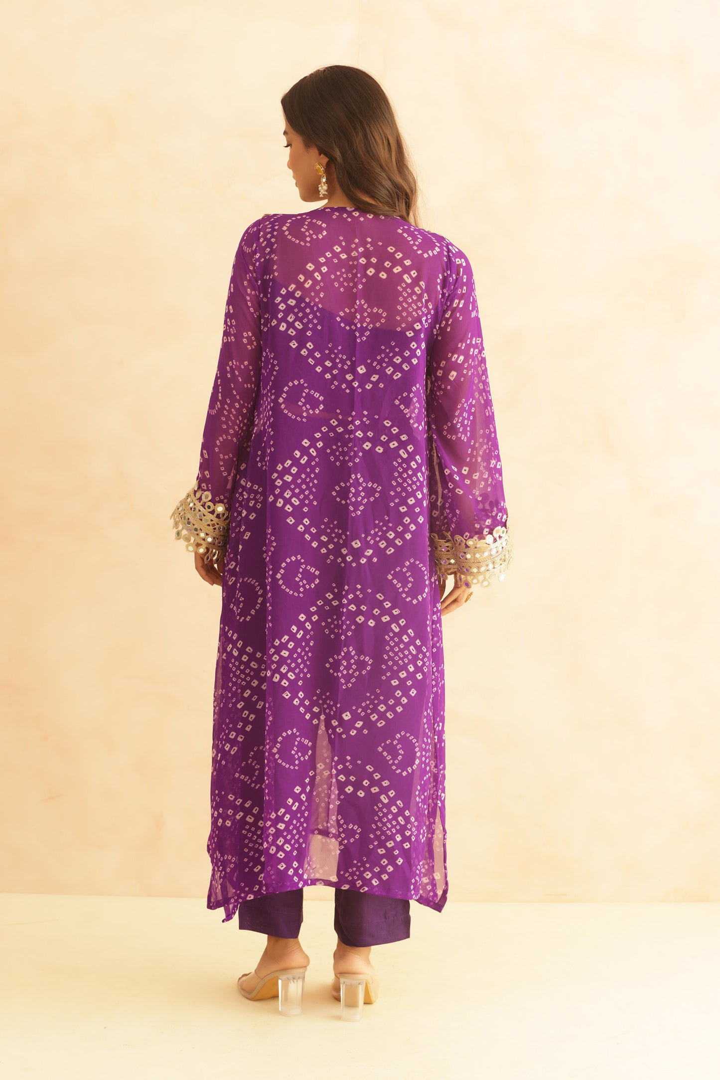 QIRAT PURPLE BANDHEJ MIRROR WORK FUSION SET