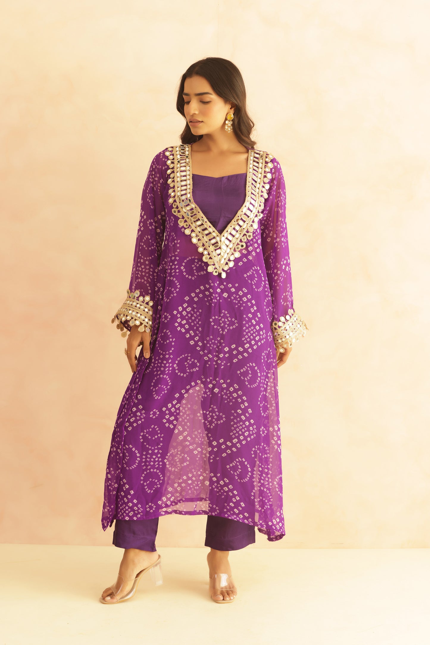 QIRAT PURPLE BANDHEJ MIRROR WORK FUSION SET
