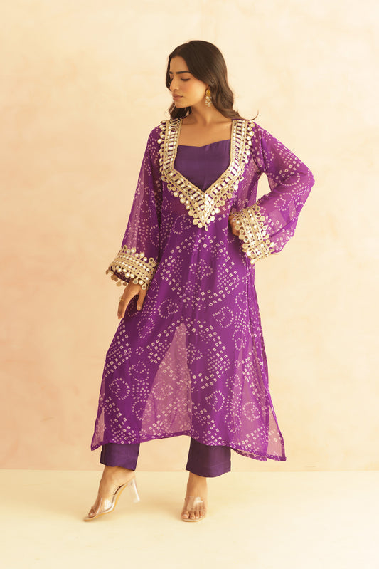 QIRAT PURPLE BANDHEJ MIRROR WORK FUSION SET