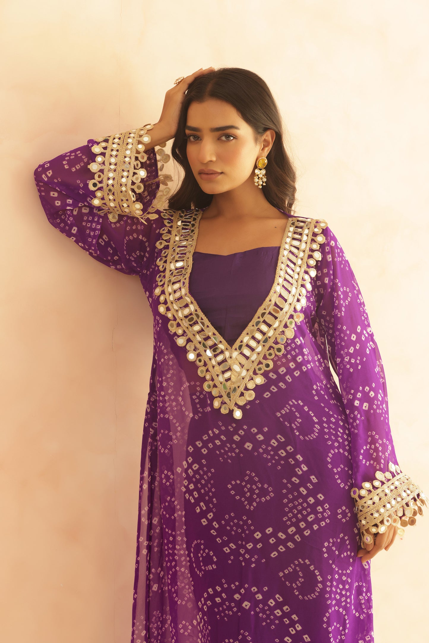 QIRAT PURPLE BANDHEJ MIRROR WORK FUSION SET