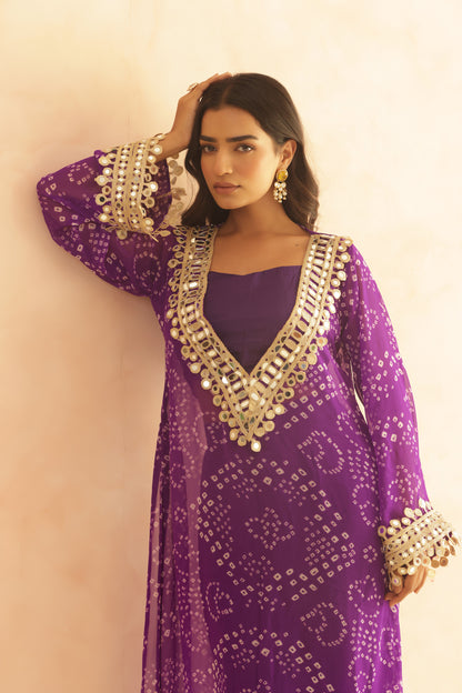 QIRAT PURPLE BANDHEJ MIRROR WORK FUSION SET