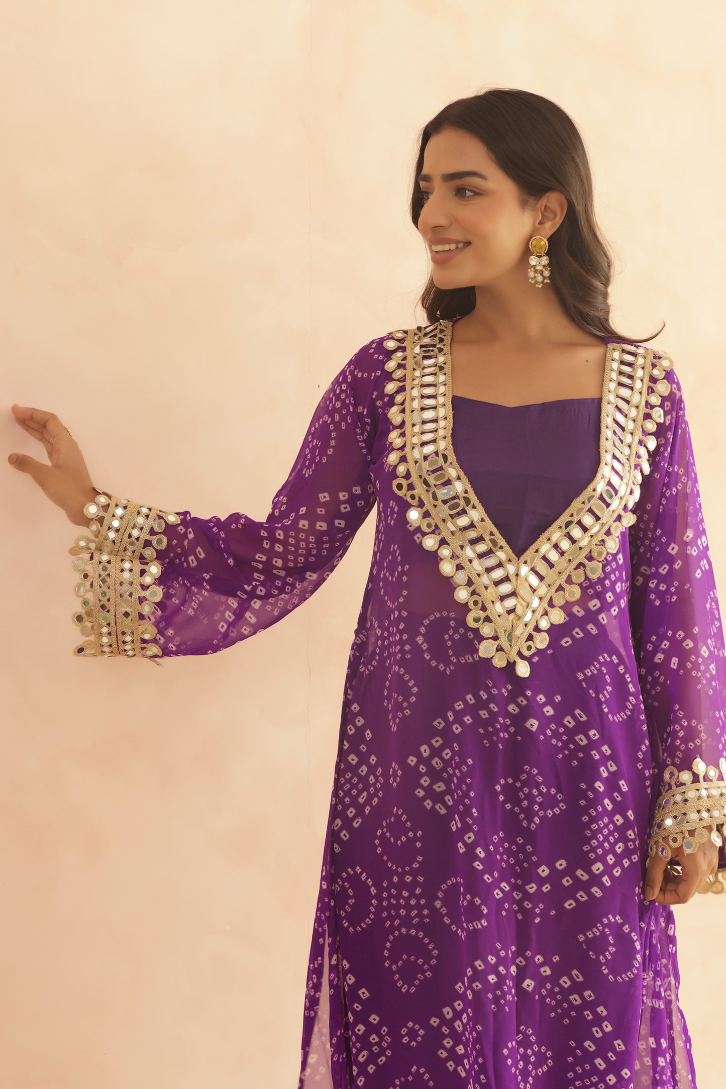 QIRAT PURPLE BANDHEJ MIRROR WORK FUSION SET