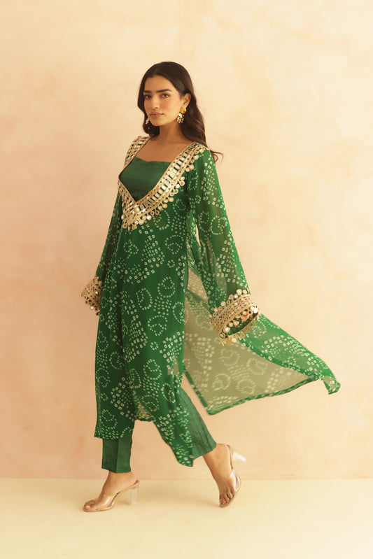 EDITHA GREEN BANDHEJ MIRROR WORK FUSION SET
