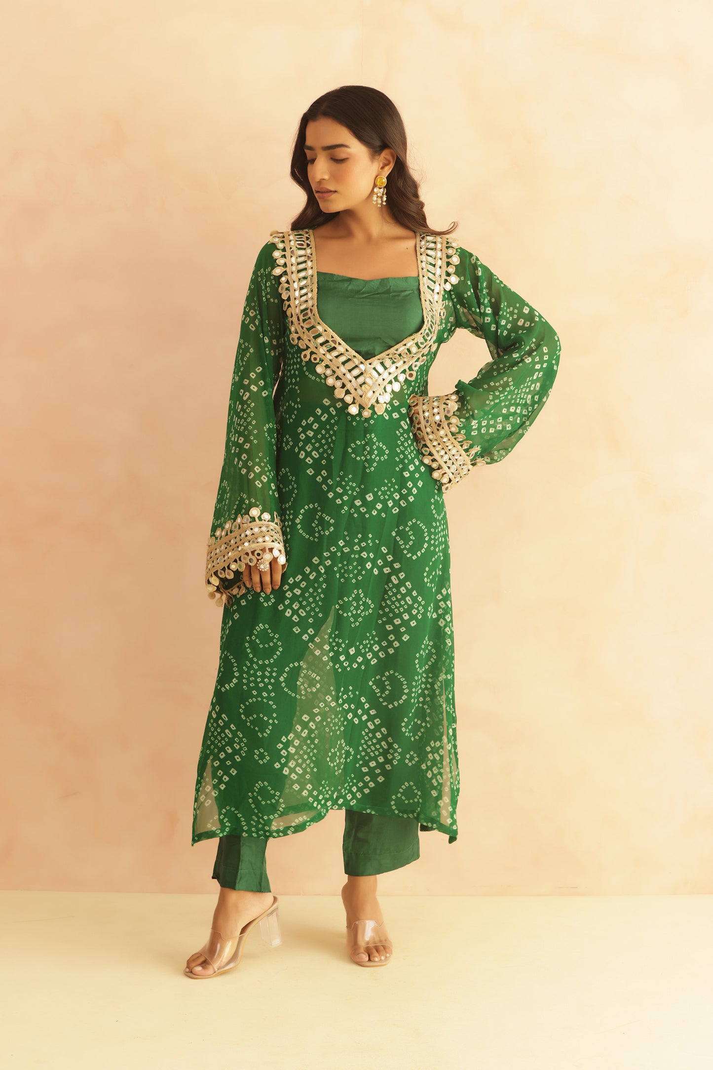 QIRAT PURPLE BANDHEJ MIRROR WORK FUSION SET