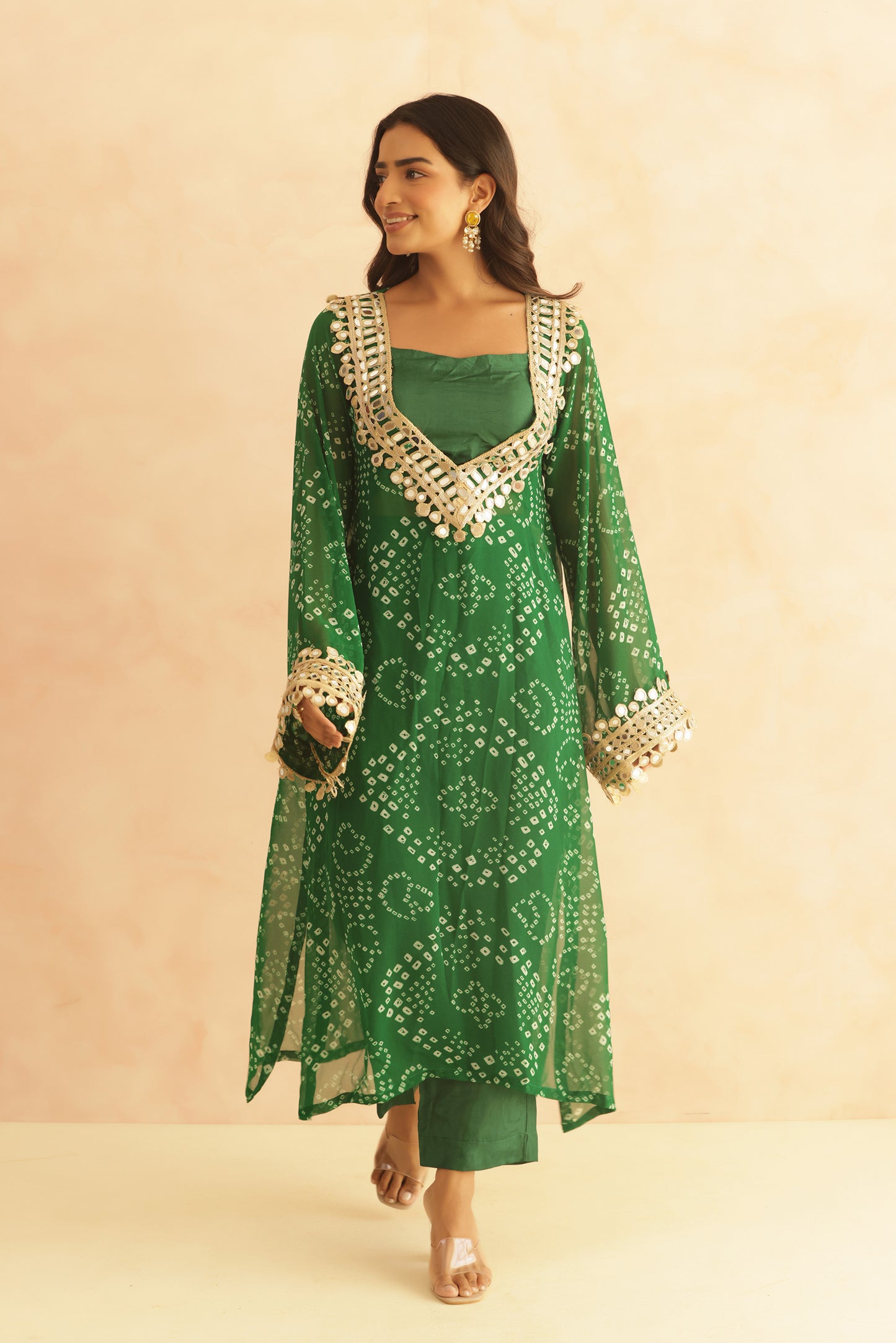 QIRAT PURPLE BANDHEJ MIRROR WORK FUSION SET