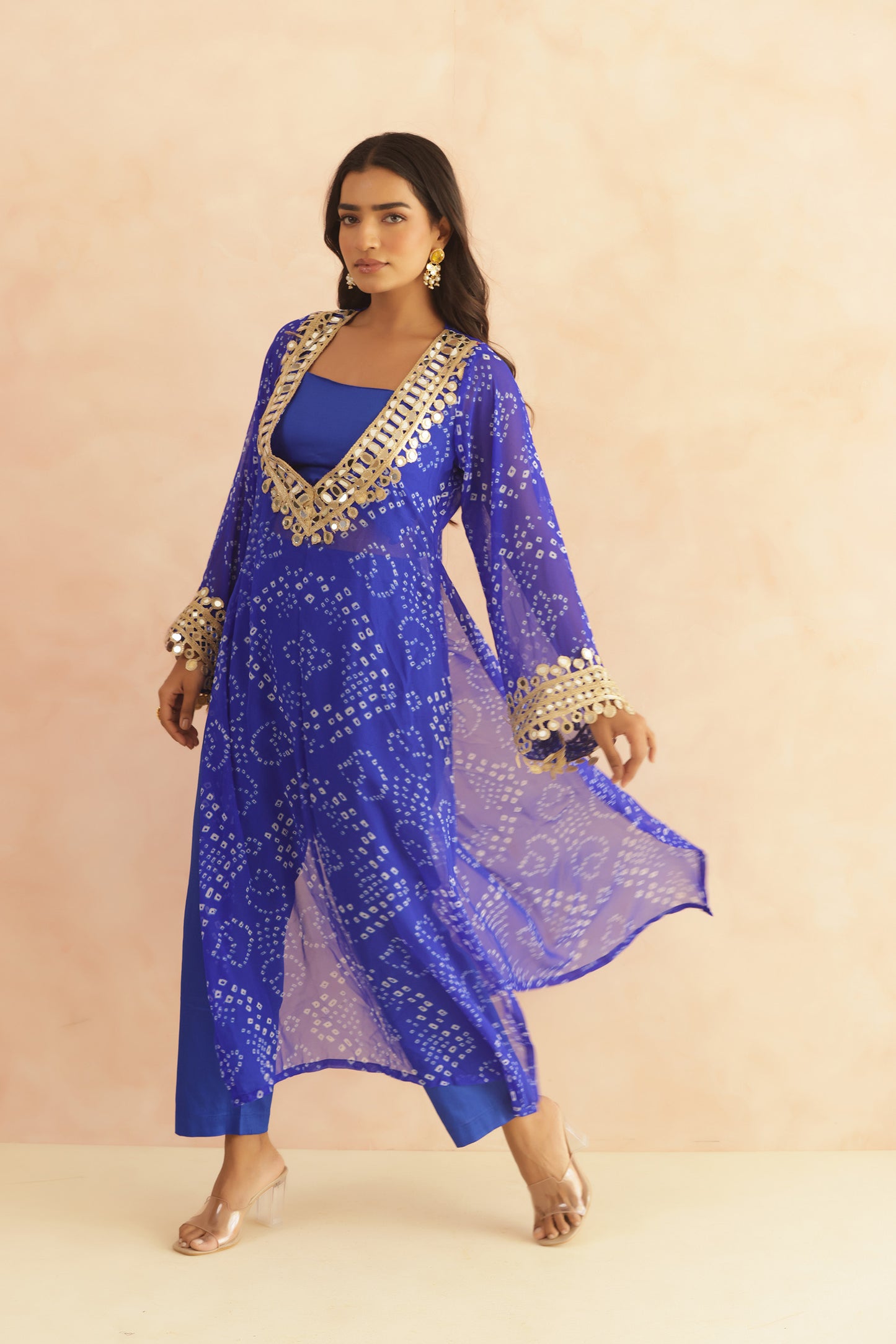 QIRAT PURPLE BANDHEJ MIRROR WORK FUSION SET