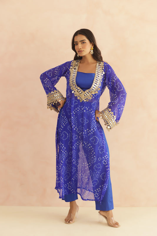 RAVINA ROYAL BLUE BANDHEJ MIRROR WORK FUSION SET
