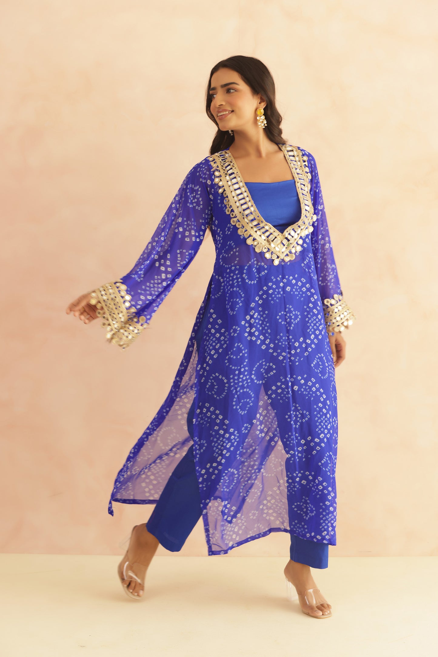QIRAT PURPLE BANDHEJ MIRROR WORK FUSION SET