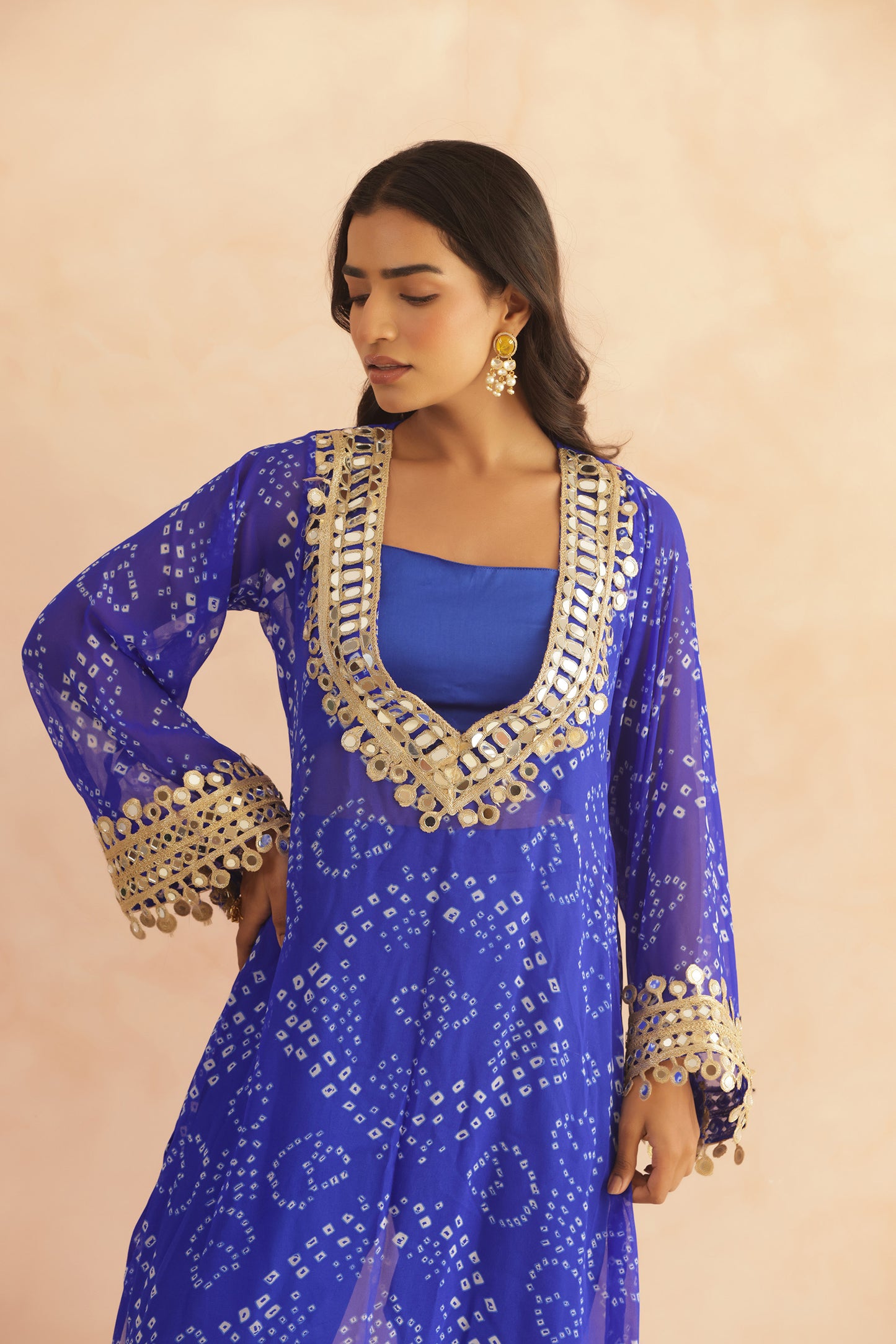 QIRAT PURPLE BANDHEJ MIRROR WORK FUSION SET