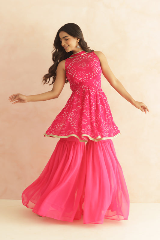 PRISHA PINK BANDHEJ SHARARA COORD SET