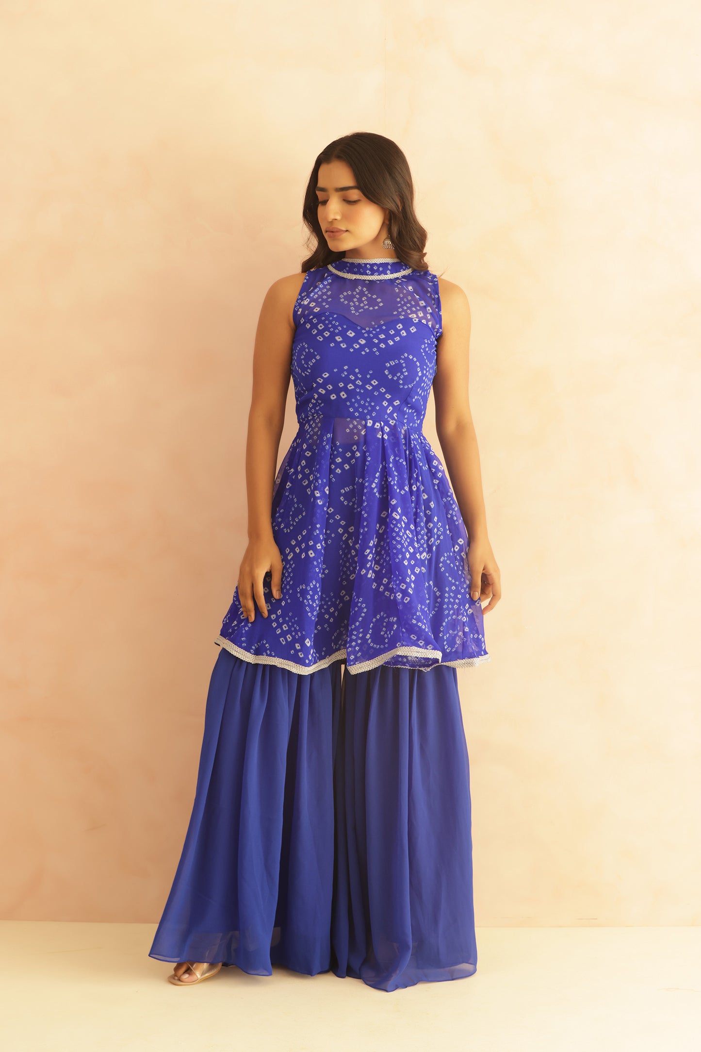KRISHA BLUE BANDHEJ SHARARA COORD SET