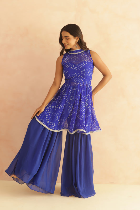 KRISHA BLUE BANDHEJ SHARARA COORD SET