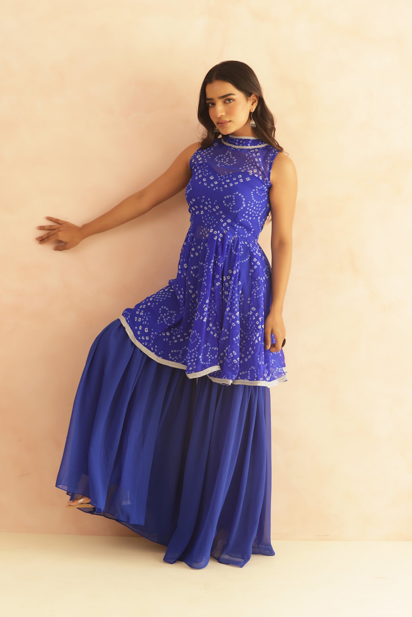 KRISHA BLUE BANDHEJ SHARARA COORD SET