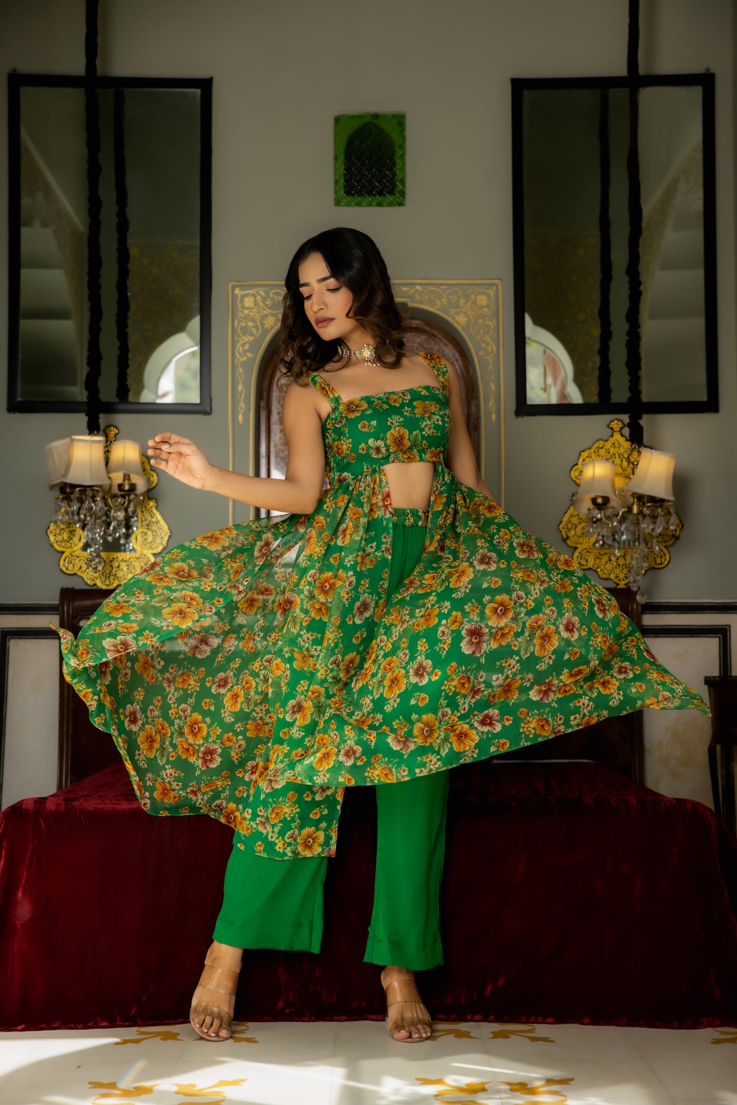 IRHA GREEN FLORAL PRINTED KURTA WITH FLARED PANTS Deasha India