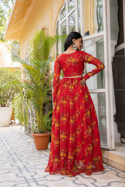 REA RED FLORAL PRINTED GOWN WITH SLITS ON WAIST