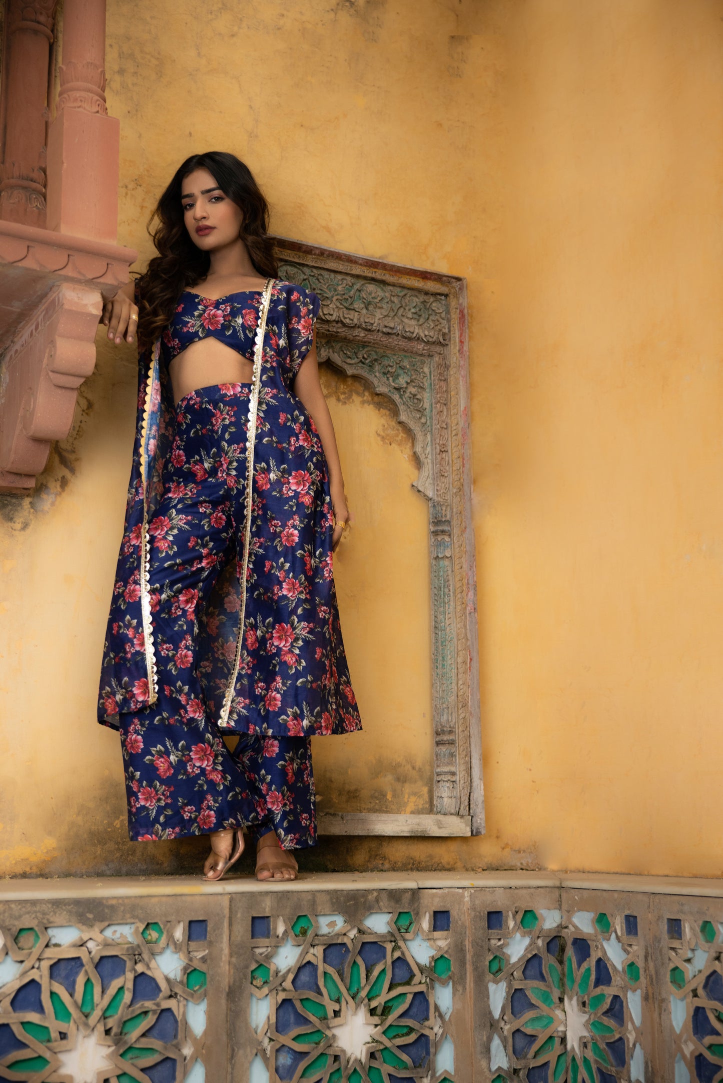 CLARA FORD BLUE FLORAL PRINTED CAPE WITH FLARED PANTS AND BUSTIER