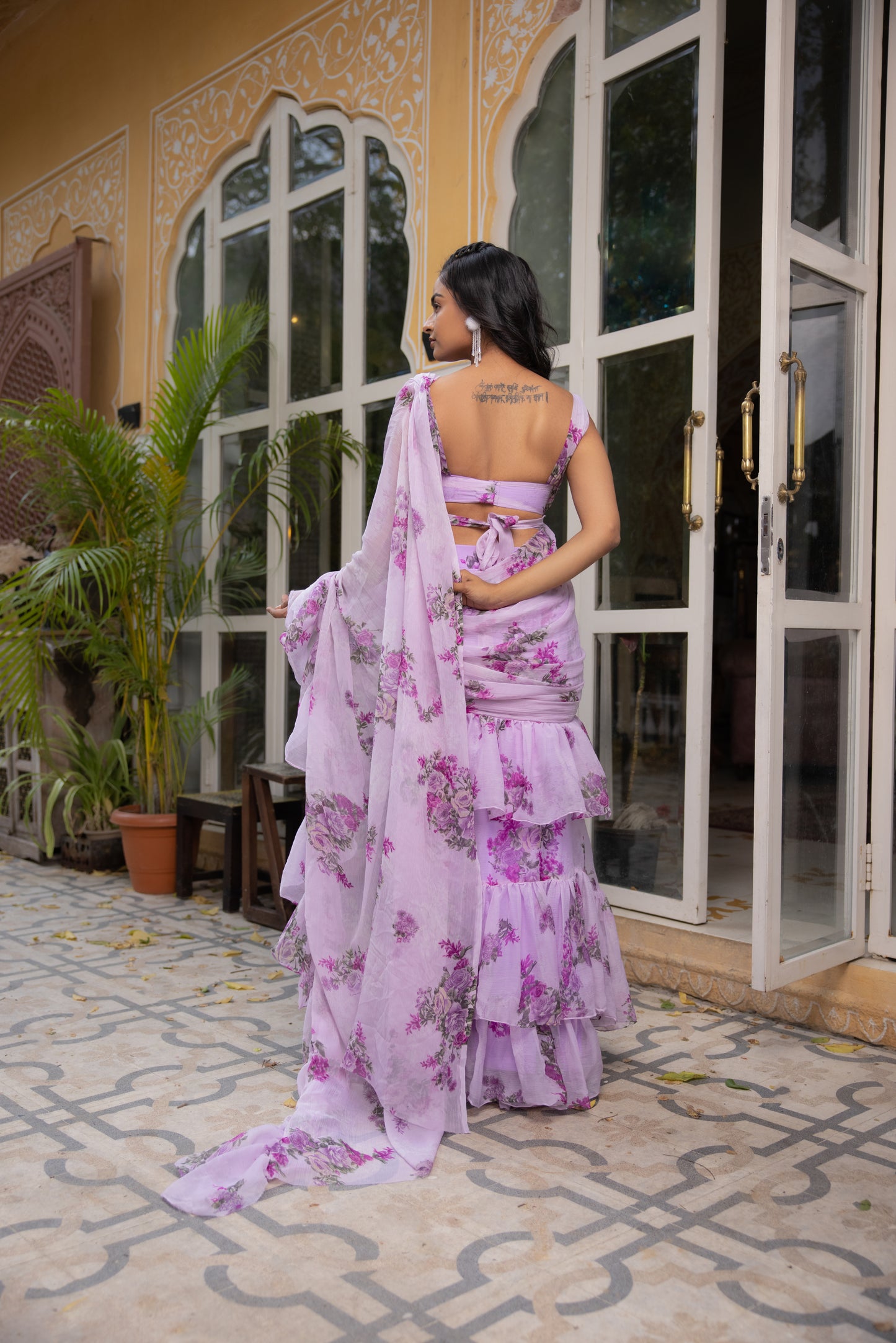 ANISAH LAVENDER FLORAL PRINTED RUFFLE SAREE WITH DRAPED BLOUSE