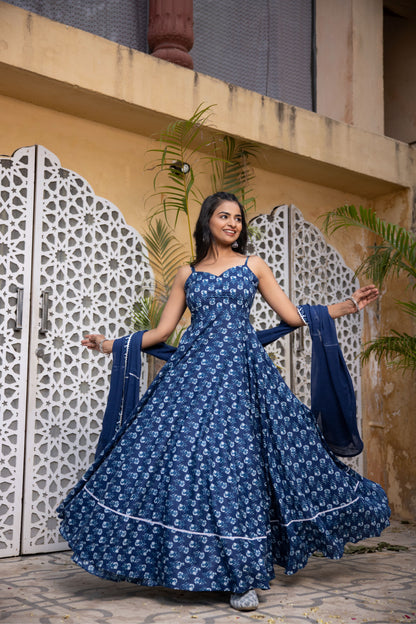 ARNA INDIGO BLUE COTTON ANARKALI SET