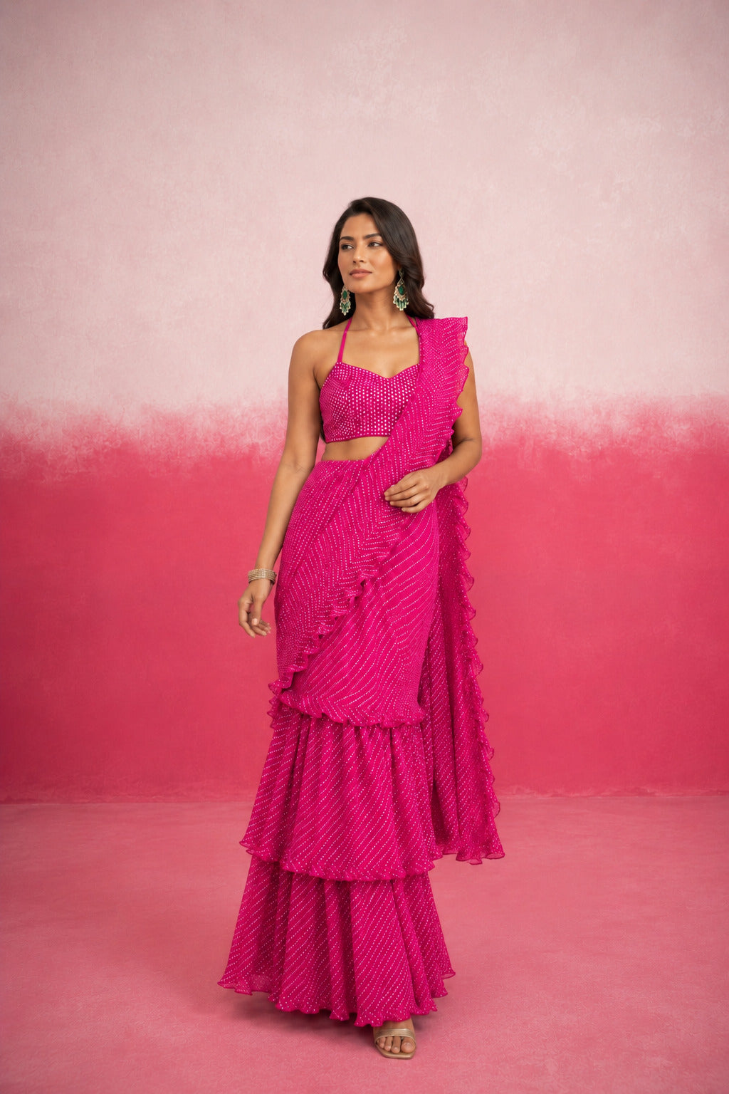 ISHMI MAGENTA PINK LEHERIYA RUFFLE SAREE