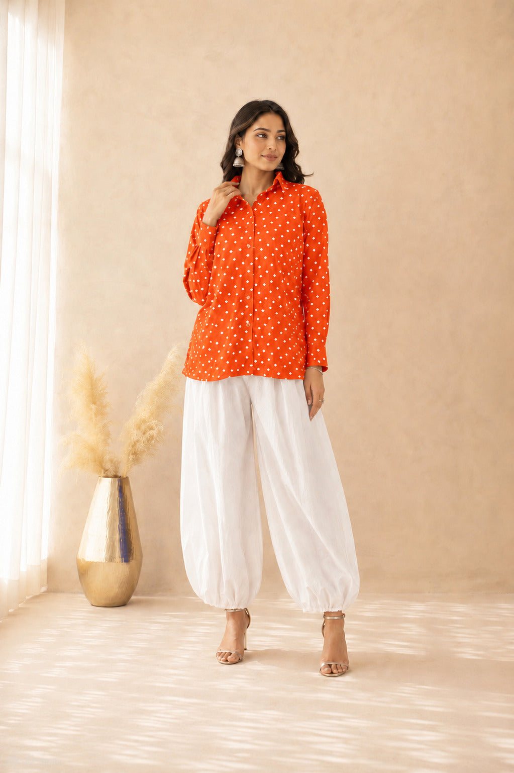 ENRIKA ORANGE BANDHEJ SHIRT AND BALLOON COORD SET