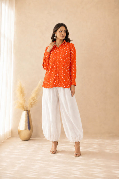 ENRIKA ORANGE BANDHEJ SHIRT AND BALLOON COORD SET