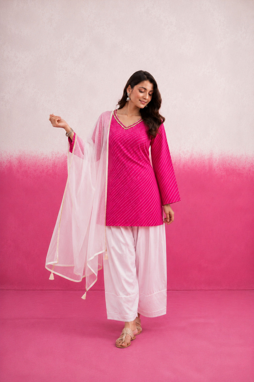 SHIVIKA PINK LEHERIYA FARSHI SET