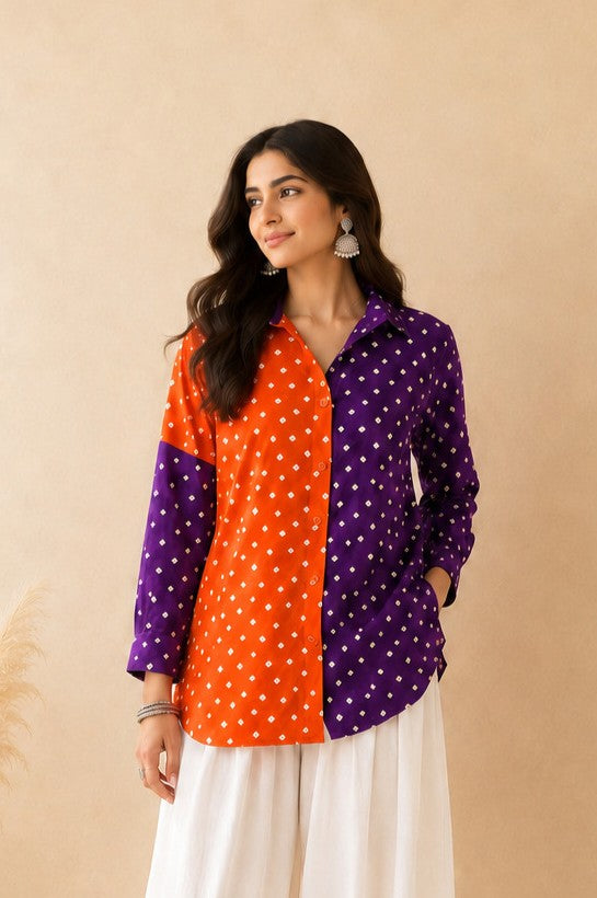 SUVEERA ORANGE COLOR BLOCKED BANDHEJ SHIRT