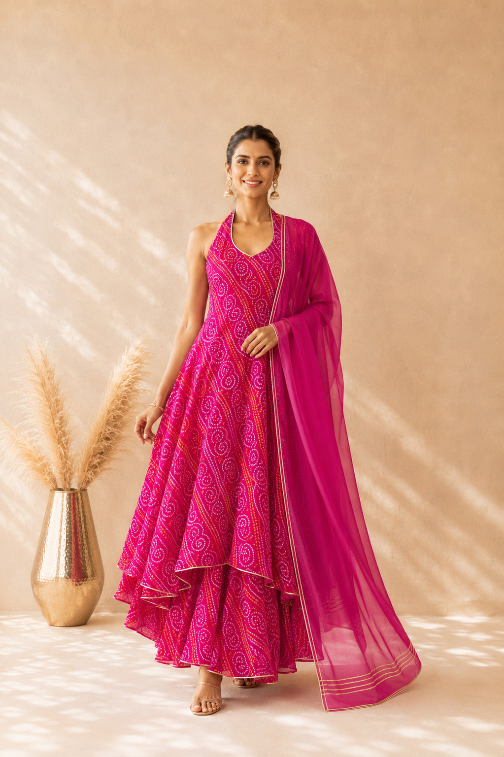 AROVIA PINK BANDHEJ HALTER ANARKALI SET