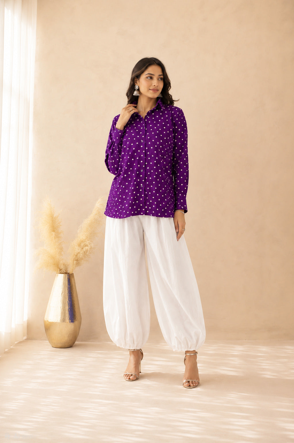 SHARVI PURPLE BANDHEJ SHIRT AND BALLOON PANTS COORD SET