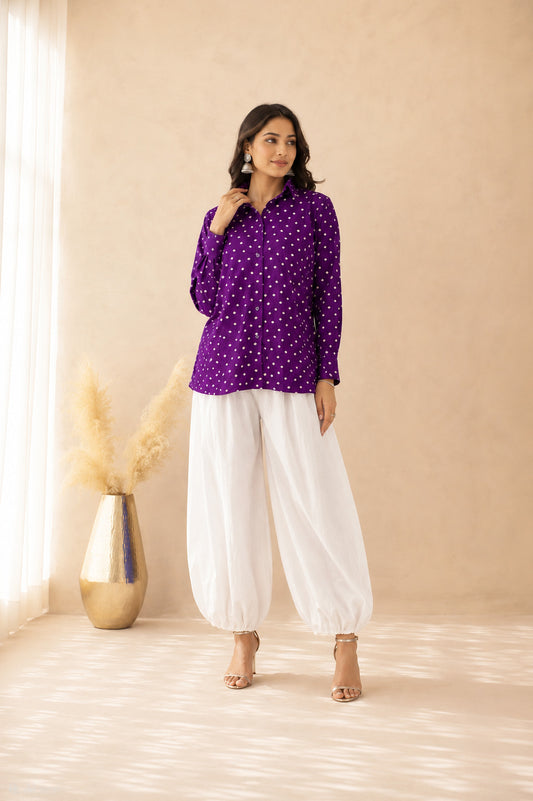 SHARVI PURPLE BANDHEJ SHIRT AND BALLOON PANTS COORD SET