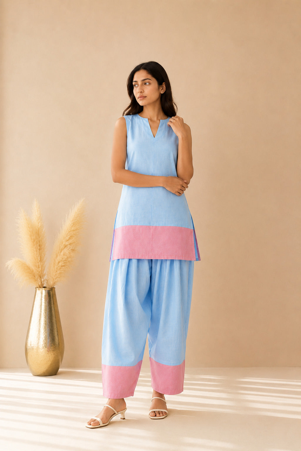 SHEEN POWDER BLUE & PASTEL PINK COLOR BLOCK FARSHI SET