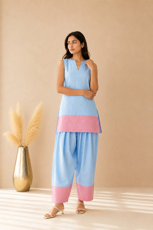 SHEEN POWDER BLUE & PASTEL PINK COLOR BLOCK FARSHI SET