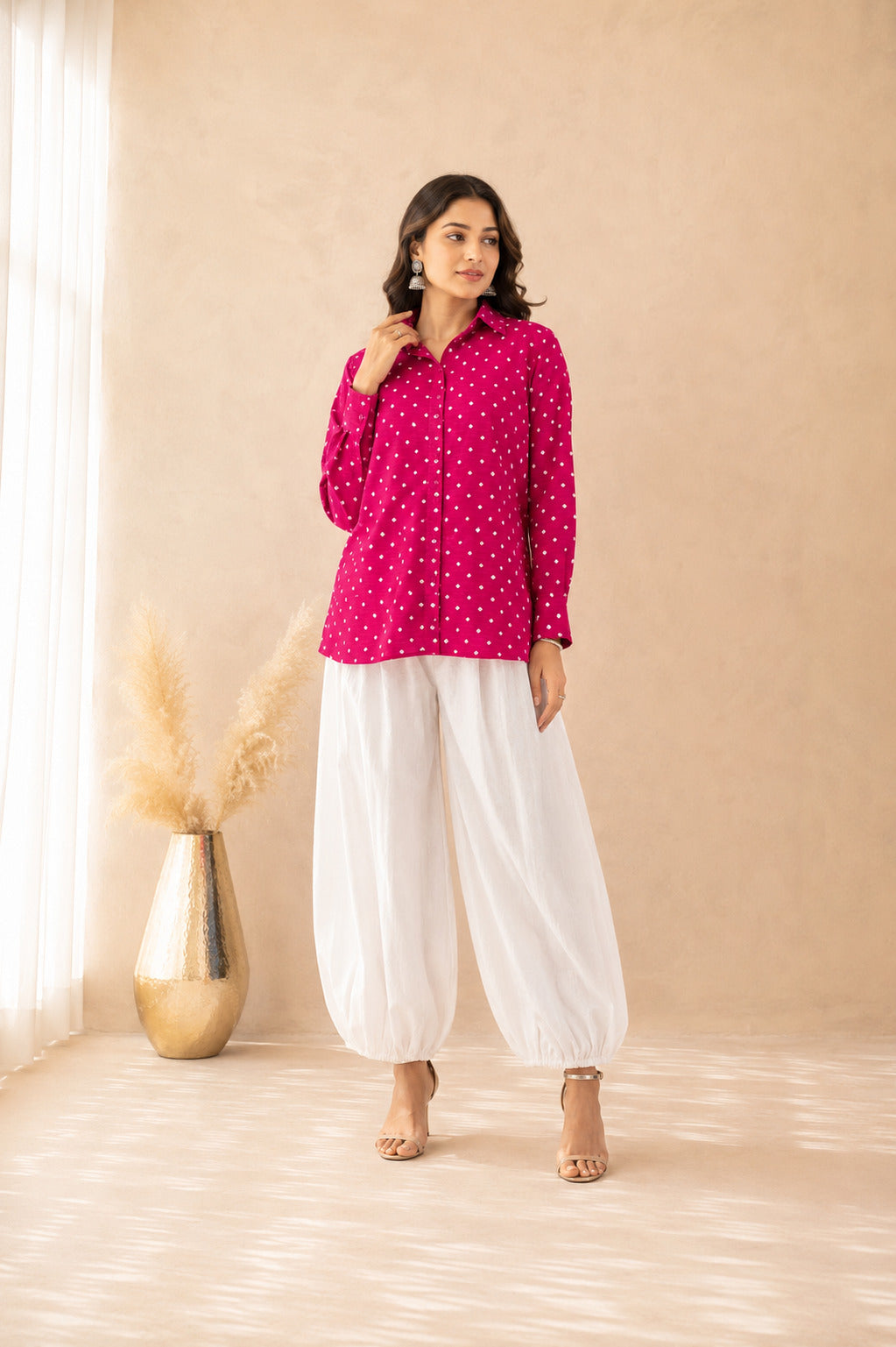 VAMIRA PINK BANDHEJ SHIRT AND BALLOON COORD SET