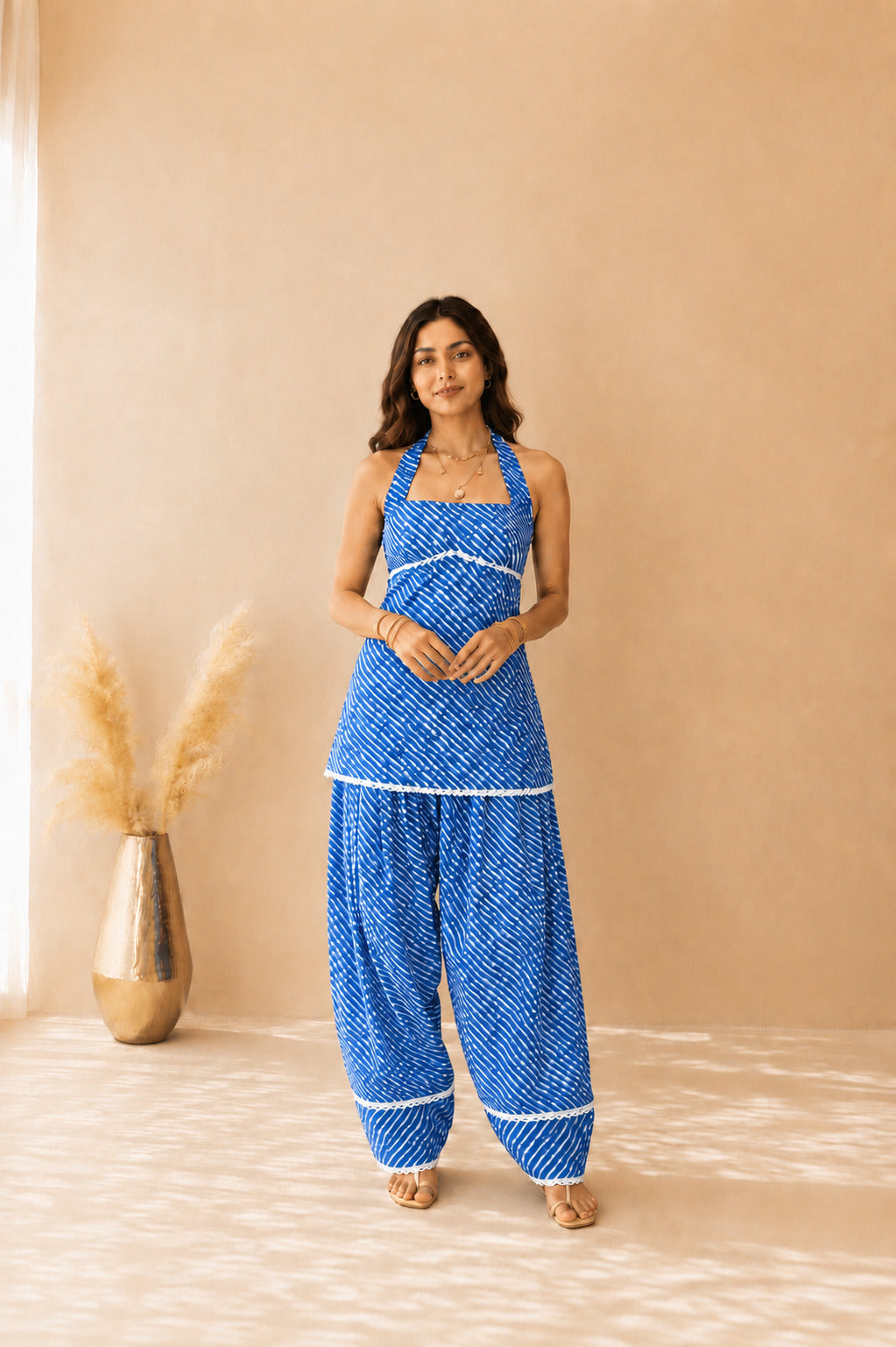 RAVYA BLUE COTTON LEHERIYA FARSHI SET WITH DUPATTA