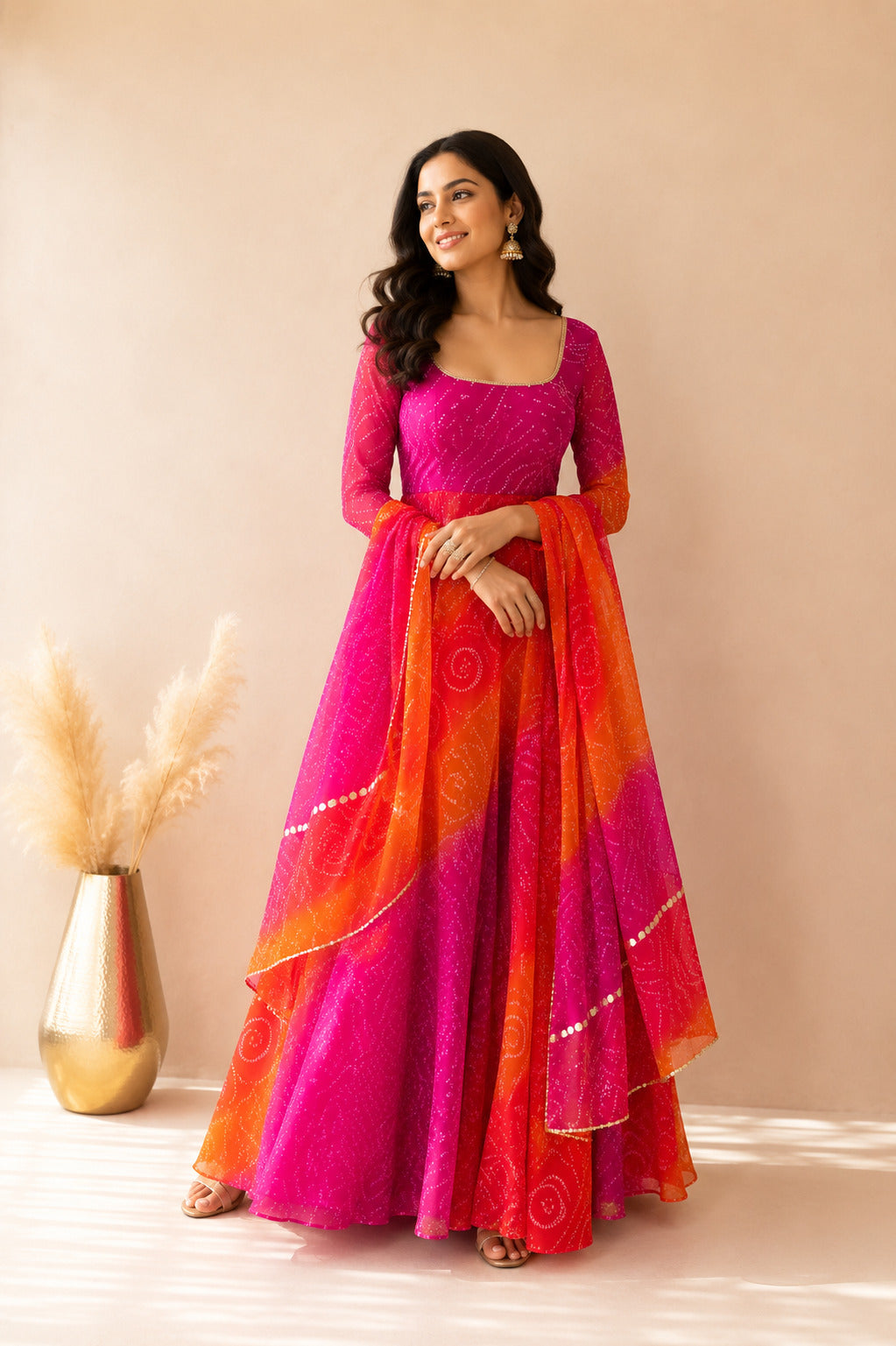 VAISHIRA ORANGE OMBRE BANDHEJ ANARKALI SET