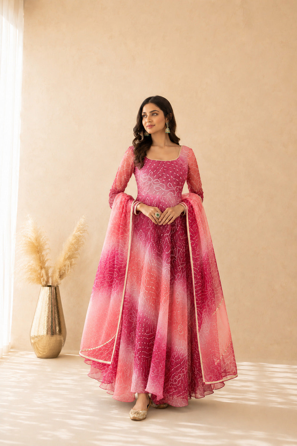 SAANJH PINK OMBRE BANDHEJ ANARKALI SET