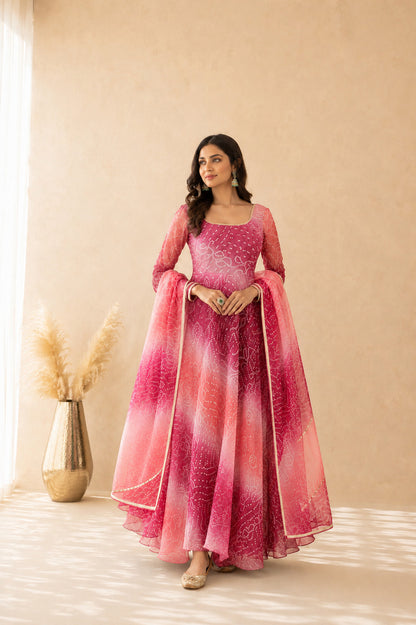 SAANJH PINK OMBRE BANDHEJ ANARKALI SET