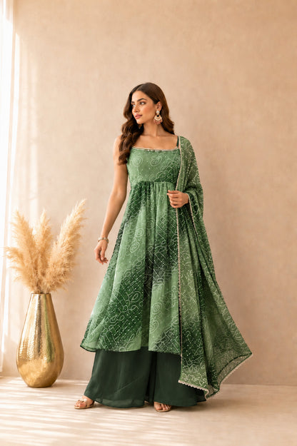 ROSHIRA GREEN OMBRE BANDHEJ NYRA CUT SUIT SET